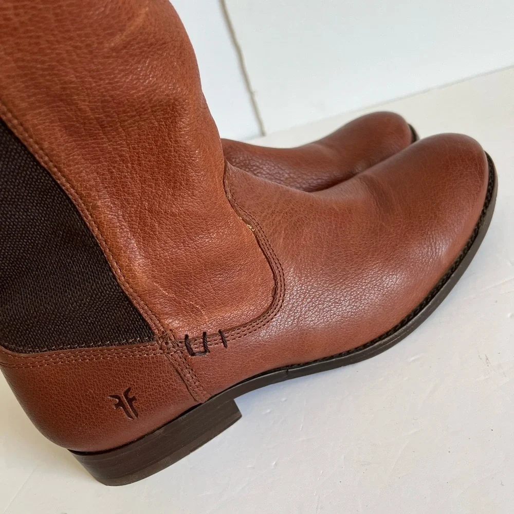 Frye Molly Gore Brown Tall Elastic Panel Riding Boots size 8.5B
